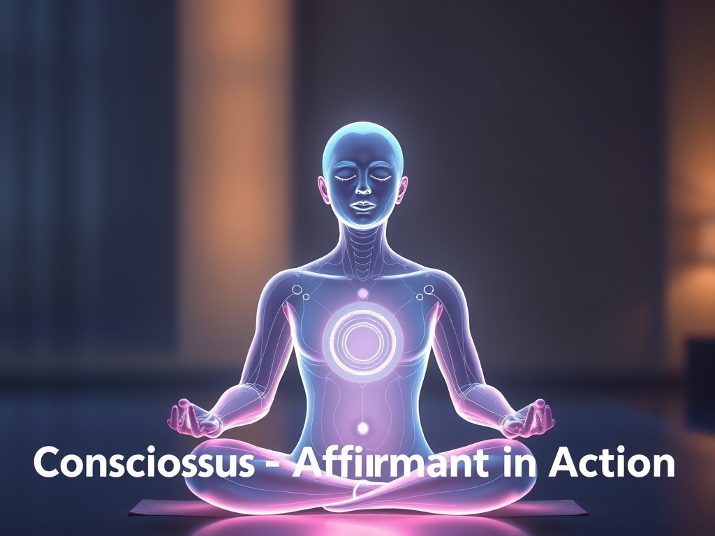 a person meditating peacefully with a holographic 3d model of