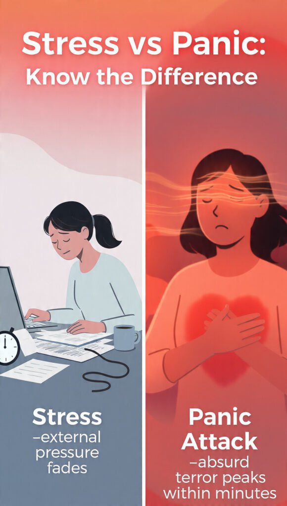 A split illustration showing a calm person sitting at a desk