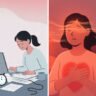 A split illustration showing a calm person sitting at a desk