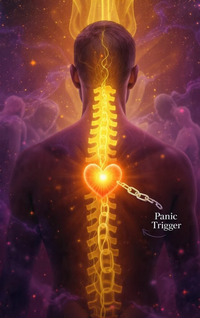 Close-up of a person’s back with an illuminated spine.