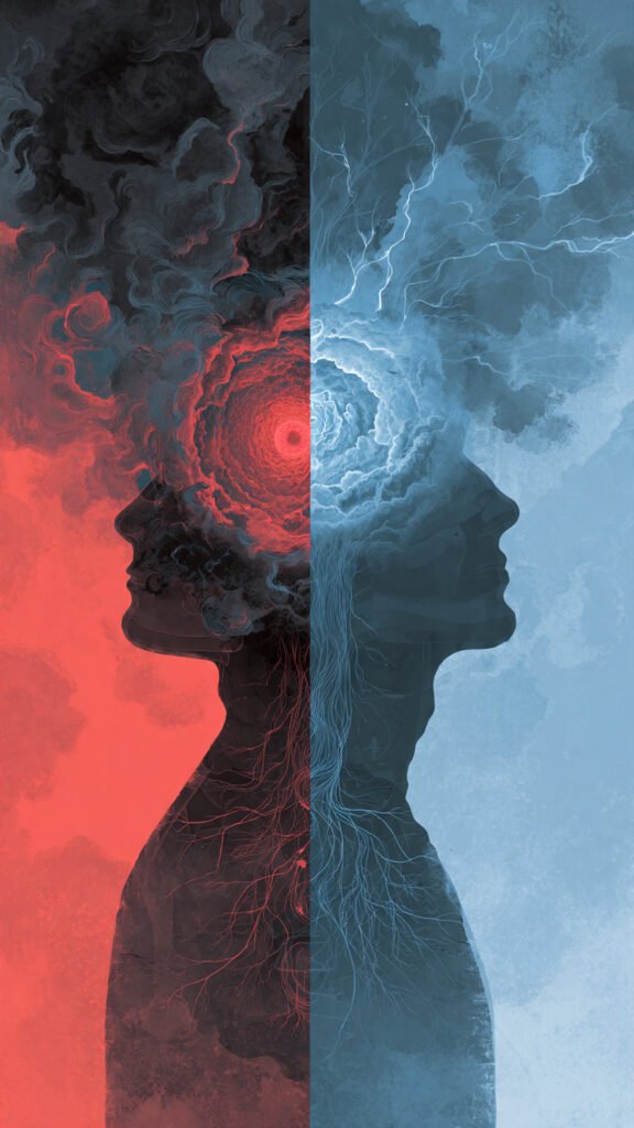 a chaotic red and black storm cloud inside a human head