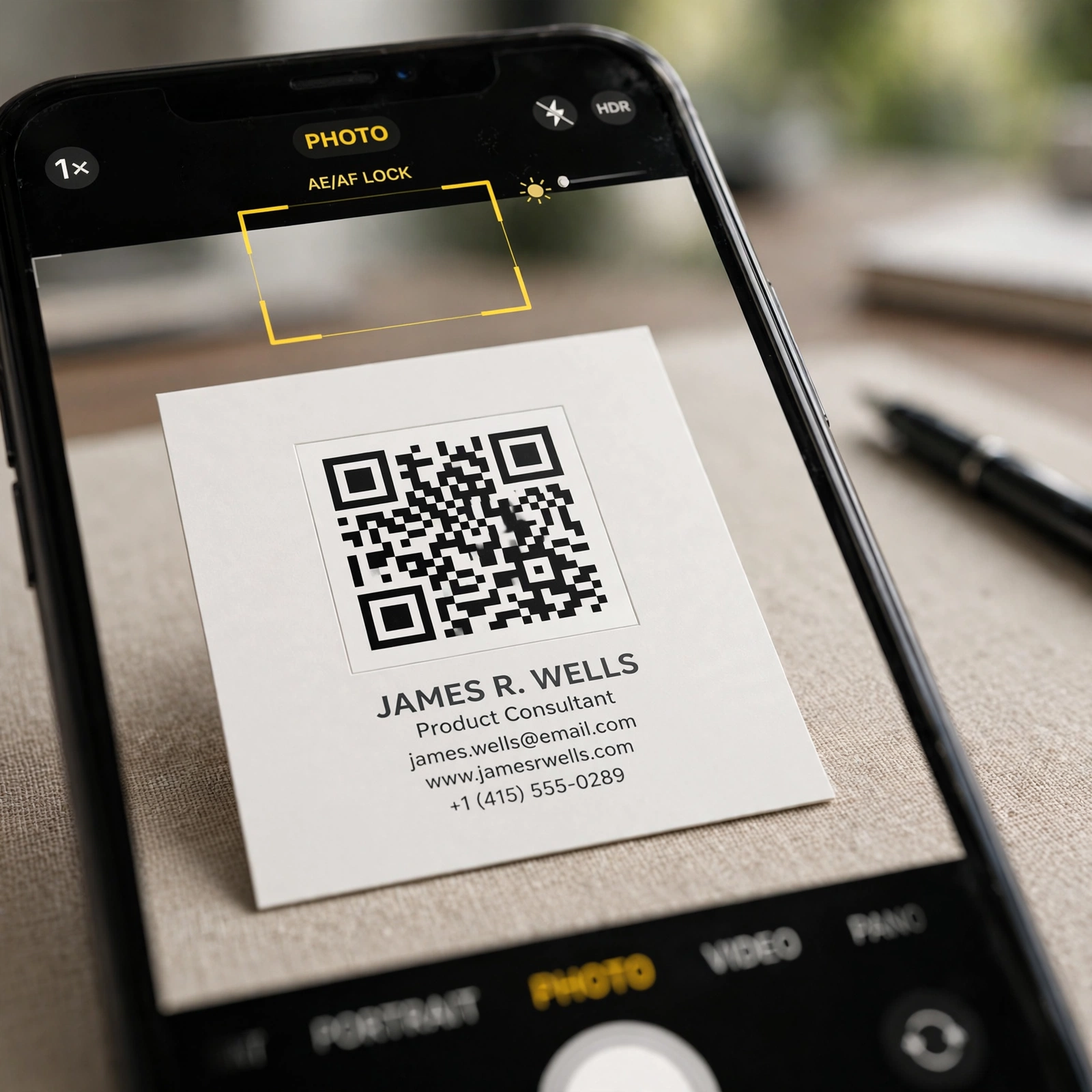 QR code with a white border on a clean business card