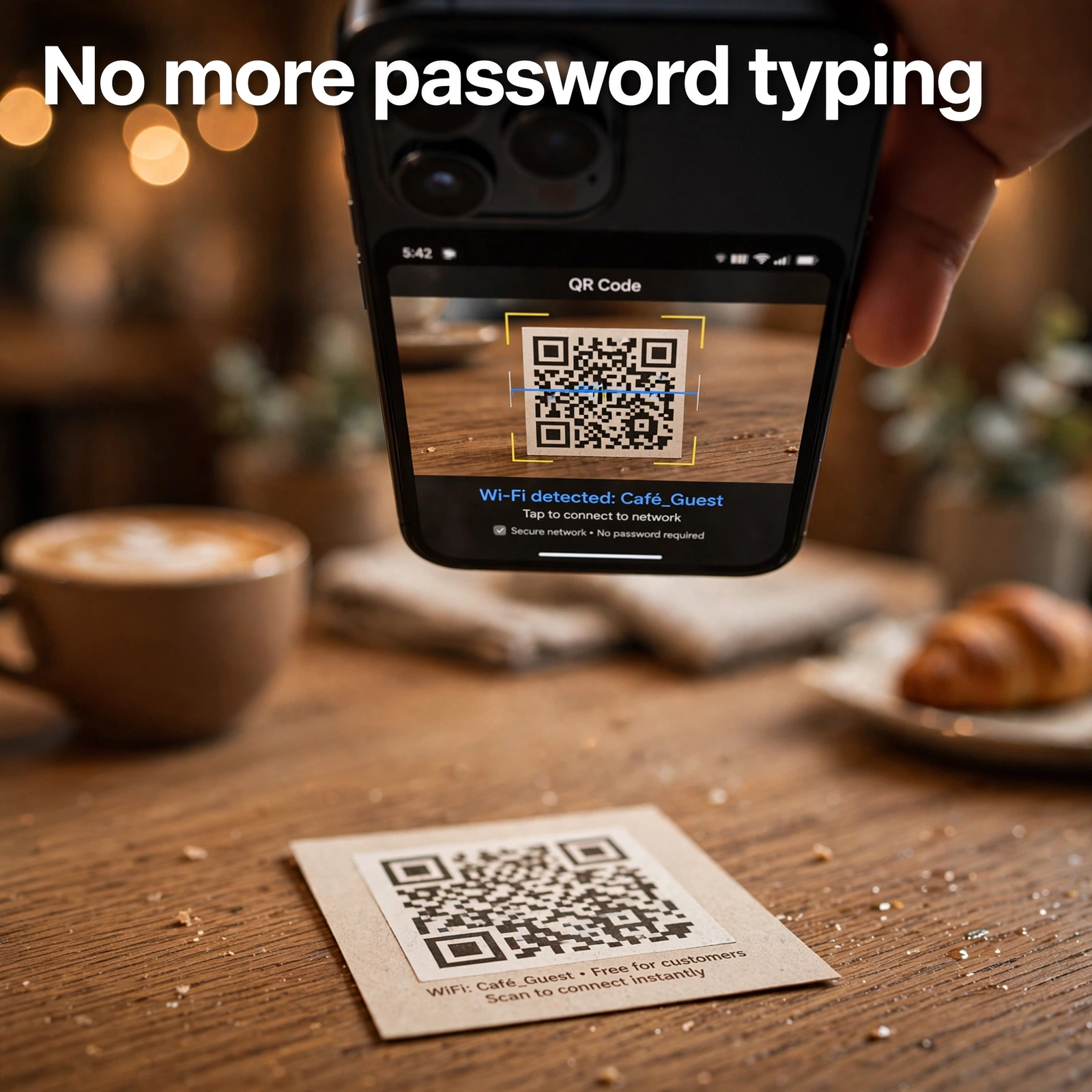 WiFi QR code placed on a wooden table