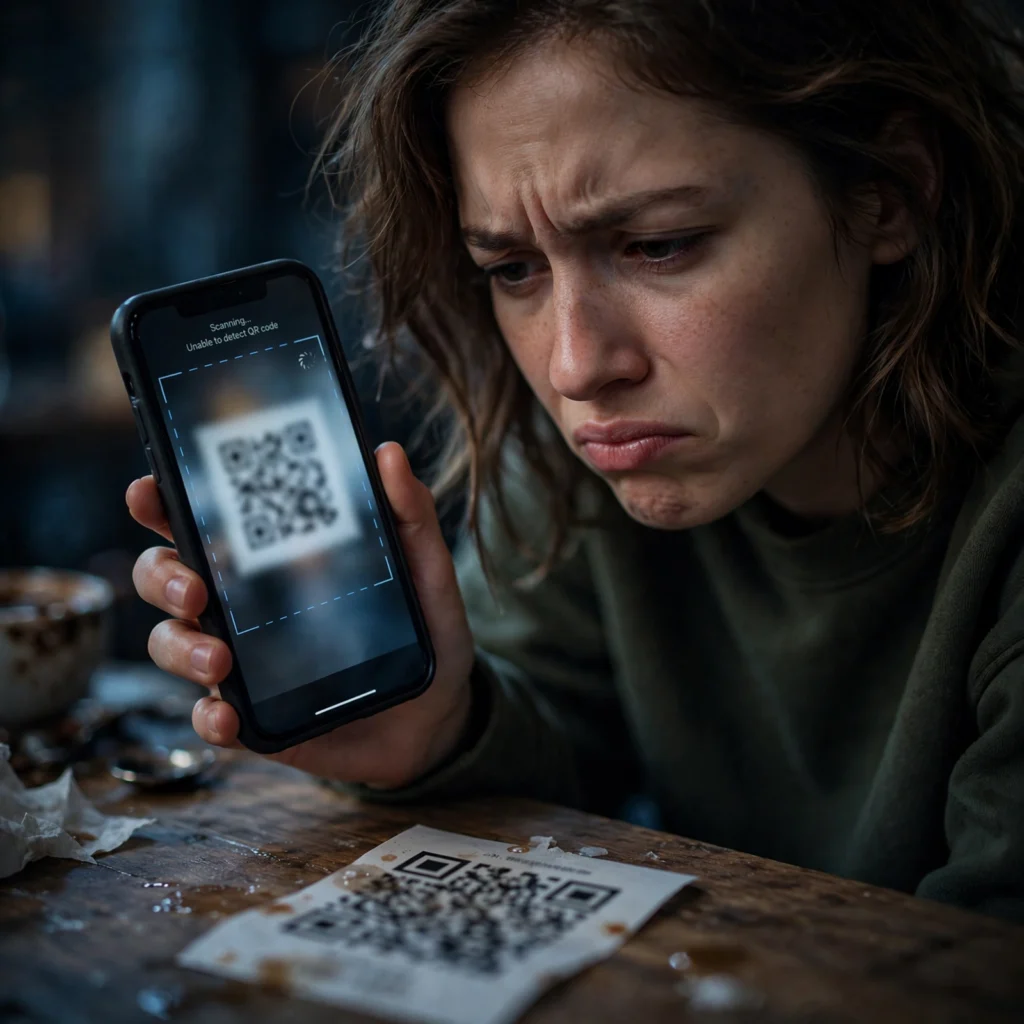 a smartphone trying to scan a blurred QR code