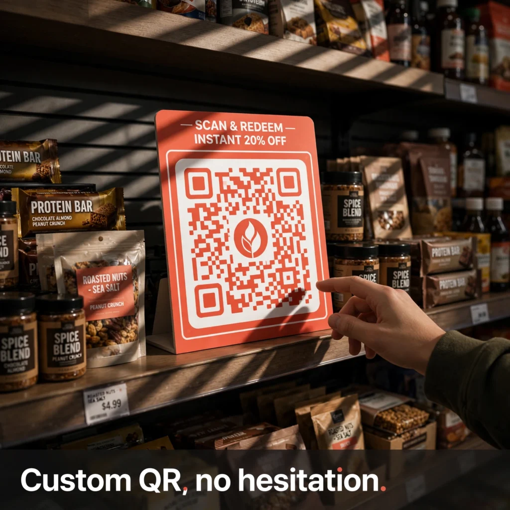 custom QR code in bright coral and white