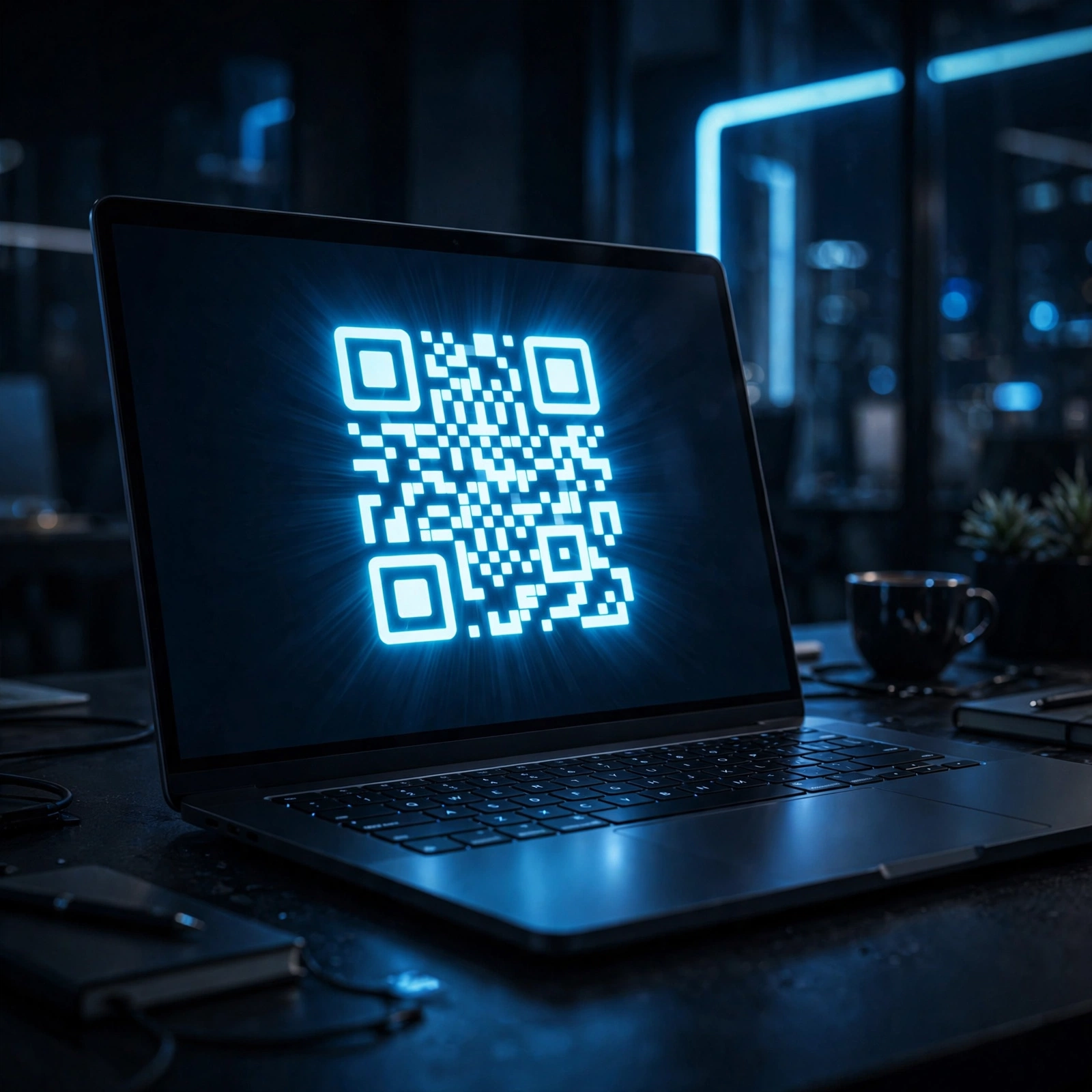 glowing QR code, dark background, blue neon reflections