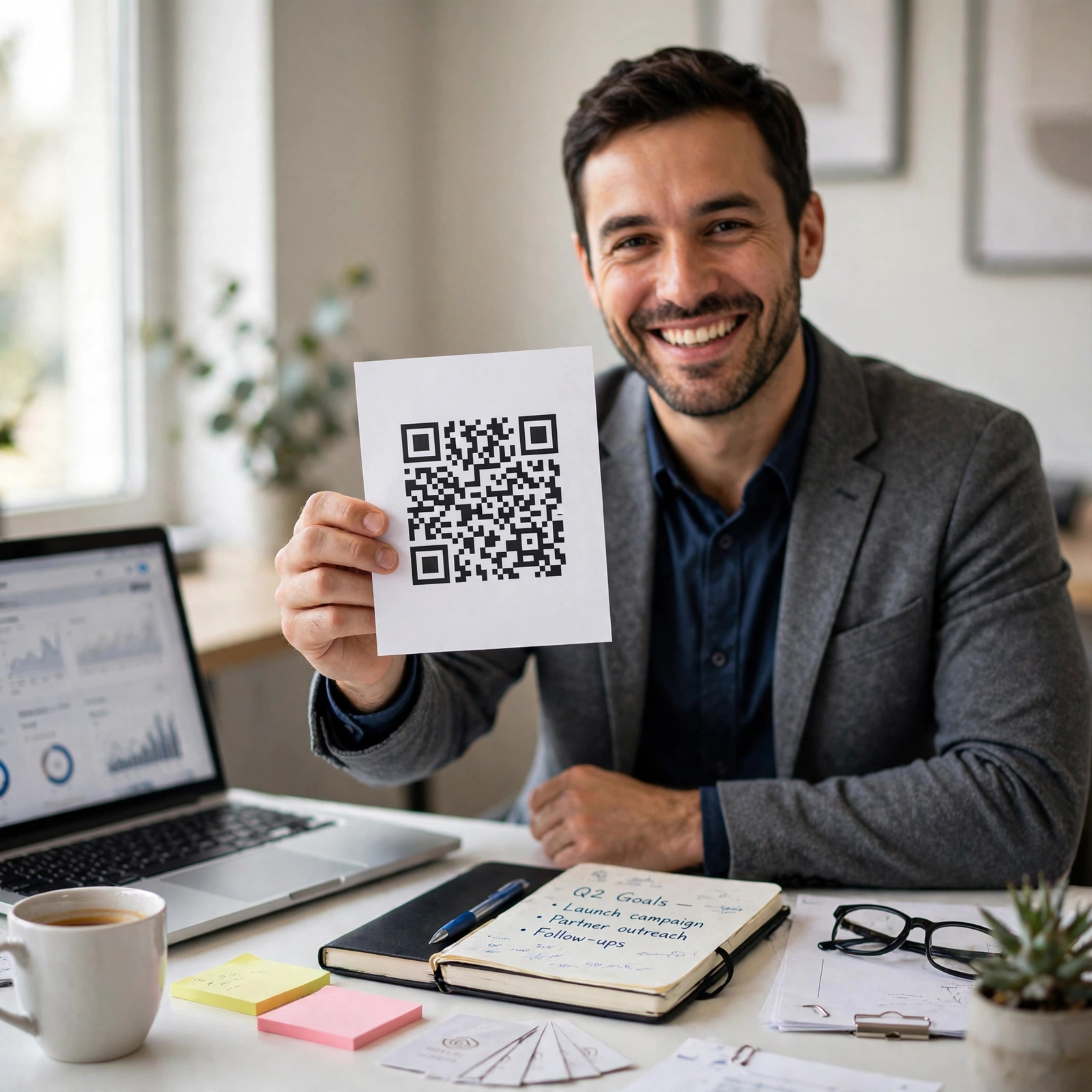 holding a printed QR code with a cheerful expression
