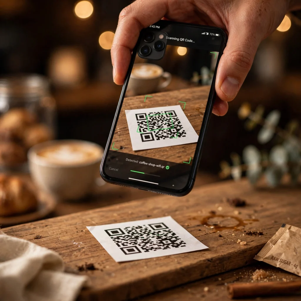 smartphone scanning a QR code on a wooden counter